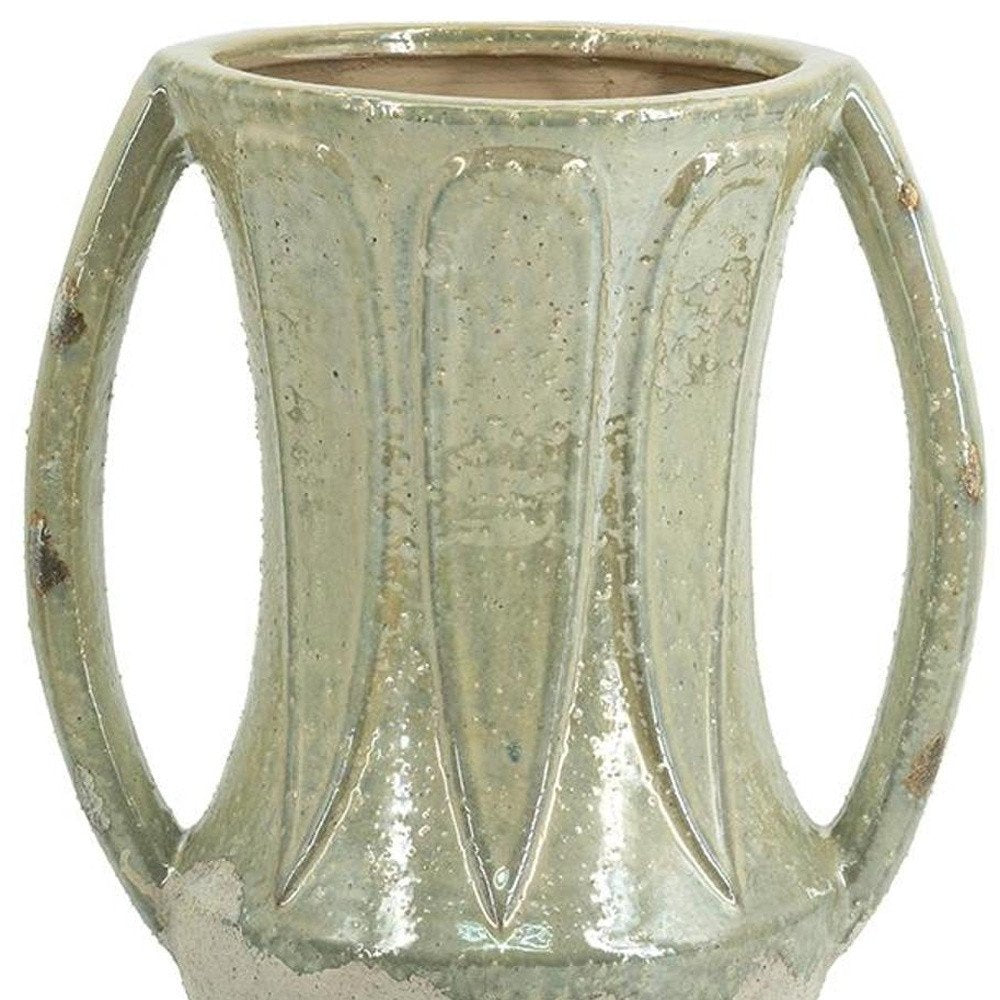 12" Sage And Ivory Amphora Ceramic Table Vase