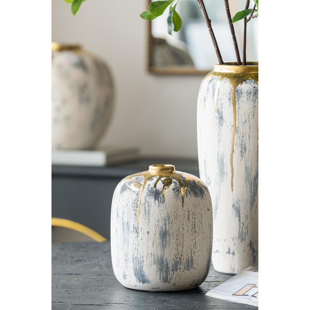 8" Gray Ivory And Gold Modern Abstract Ceramic Table Vase