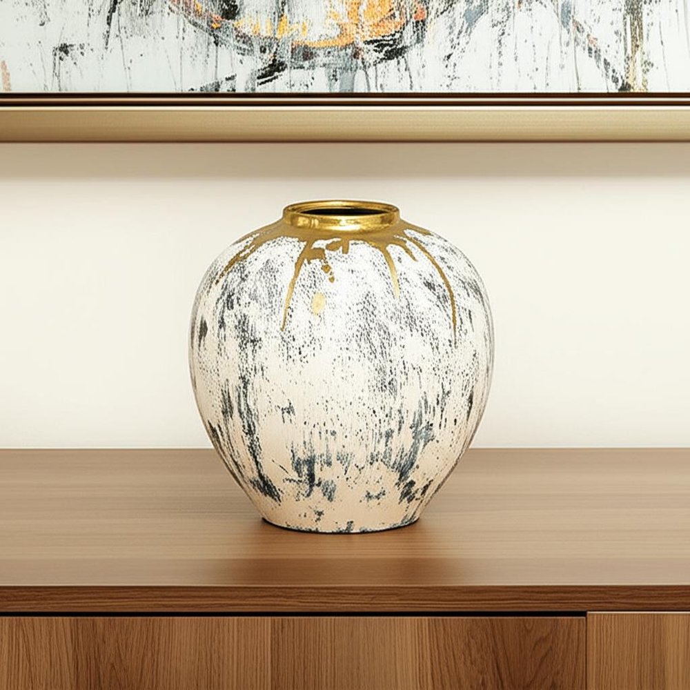 12" Gray Ivory And Gold Modern Abstract Ceramic Table Vase