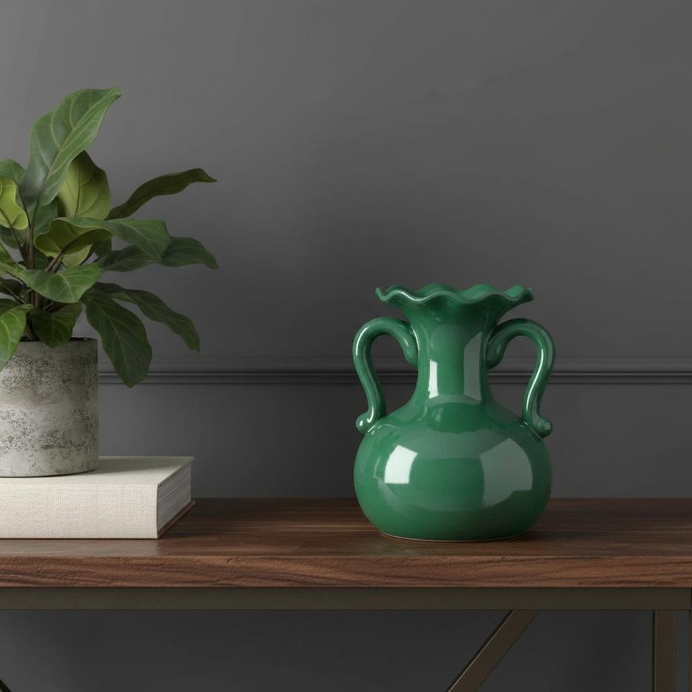 8" Hunter Green Ceramic Amphora Table Vase