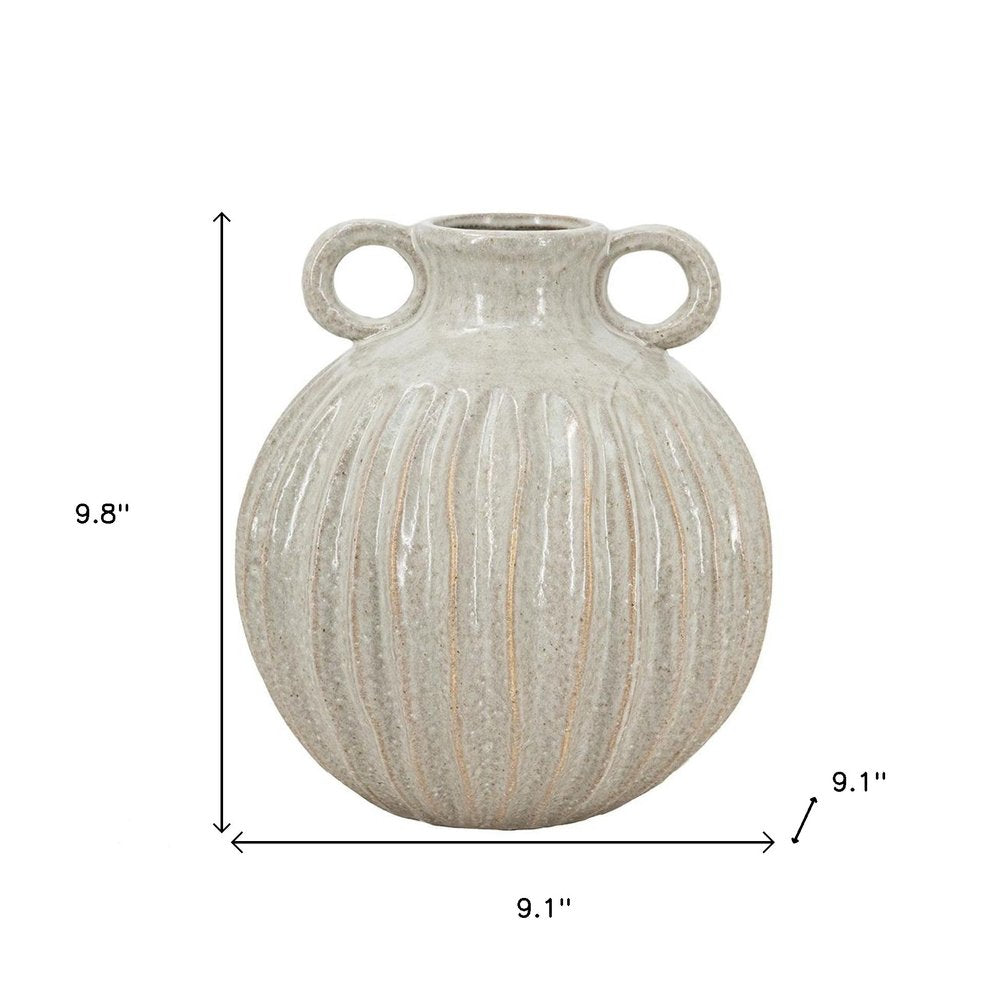 10" Sage And Gray Round With Handles Ceramic Table Vase