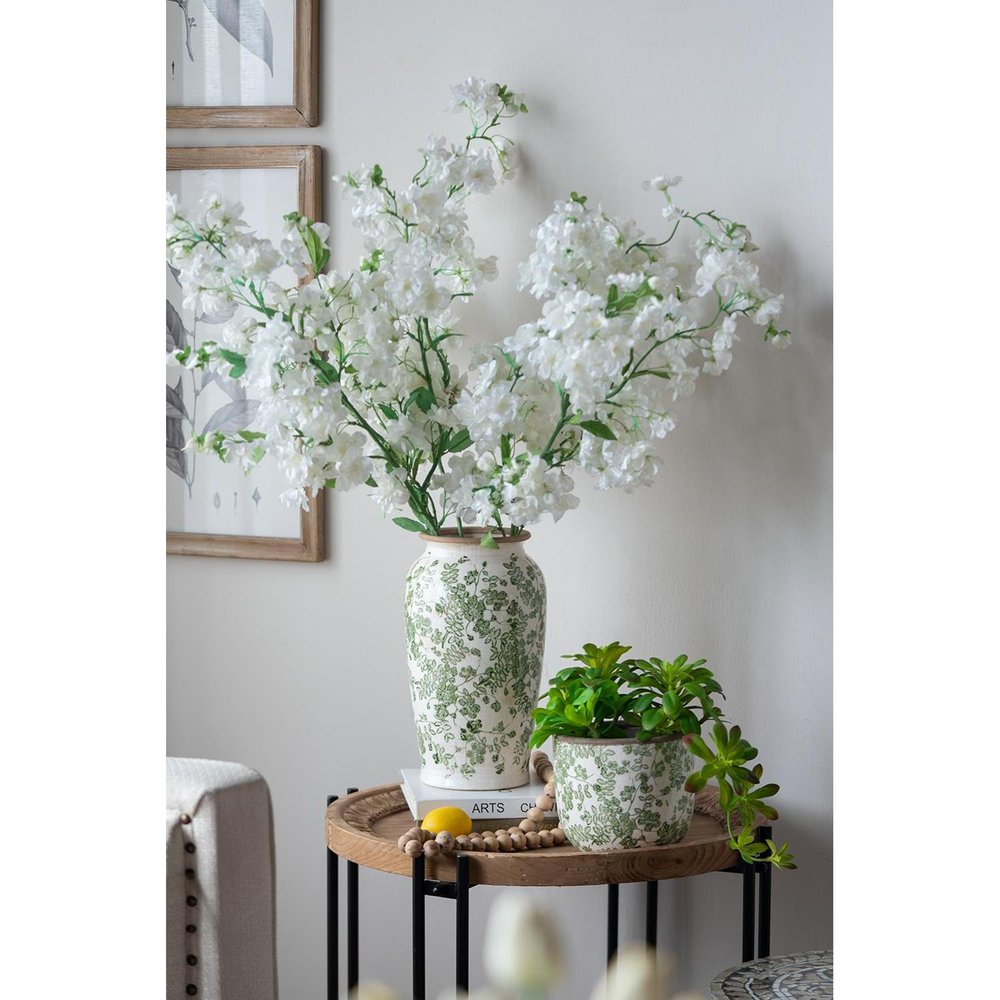 12" Green And White Leaf Ceramic Round Table Vase