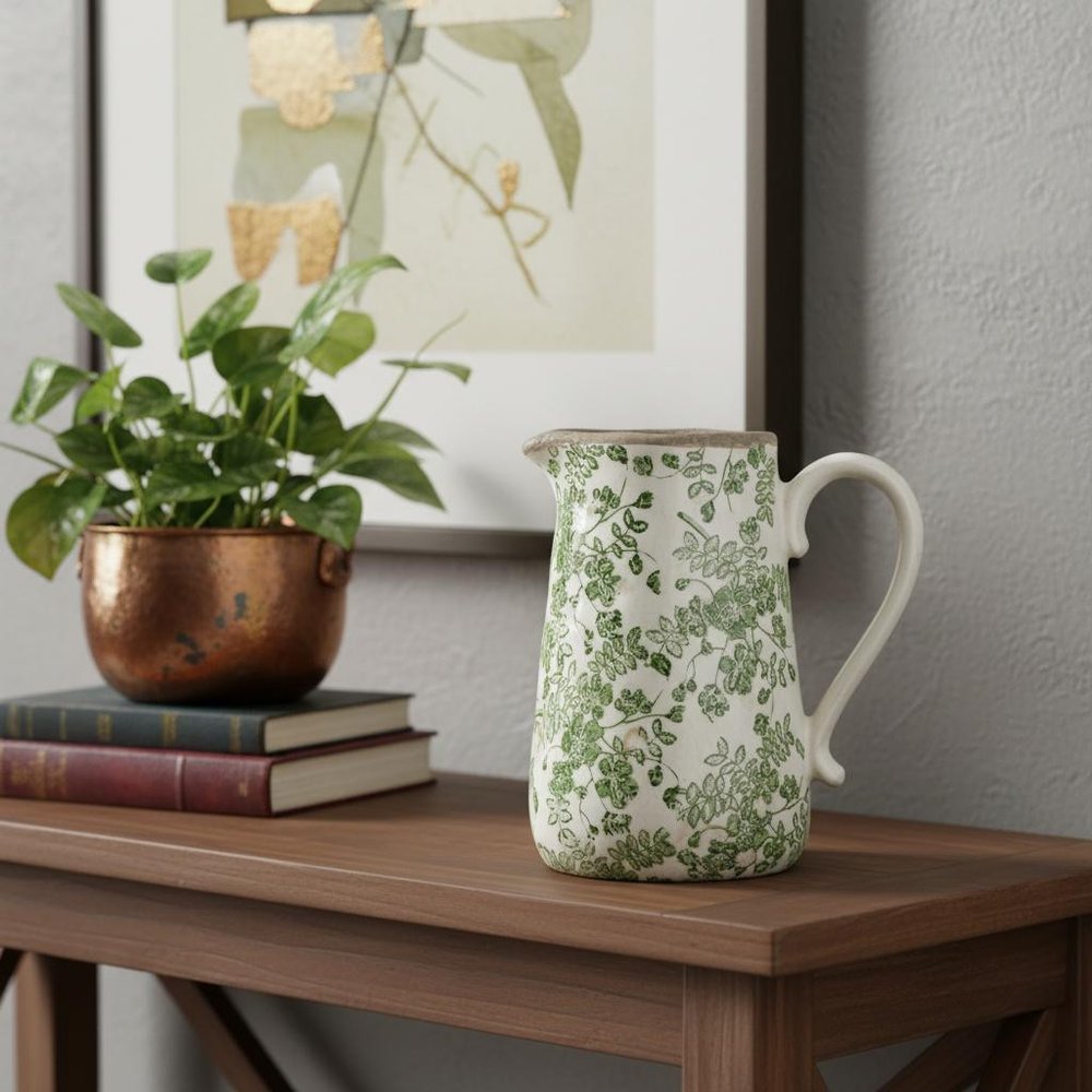 9" Green And White Leaf Ceramic Round Jug Vase