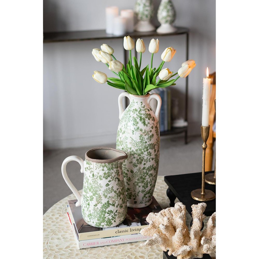 9" Green And White Leaf Ceramic Round Jug Vase