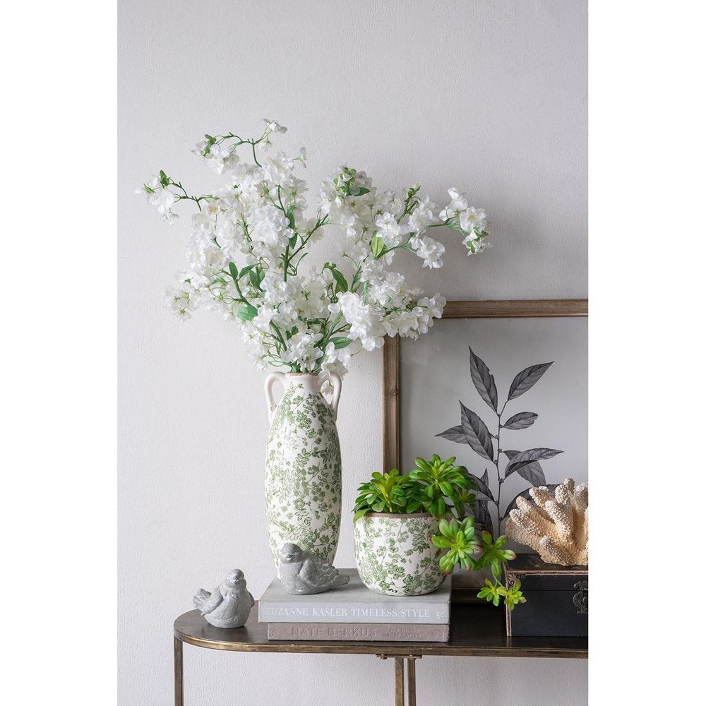 14" Green And White Leaf Ceramic Amphora Table Vase