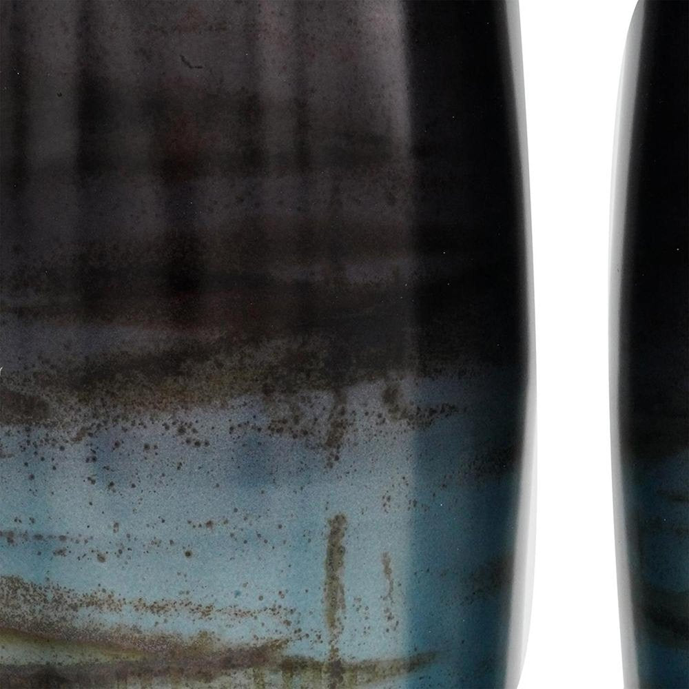Set of Two Black And Blue Abstract Glass Cylinder Floor Vases