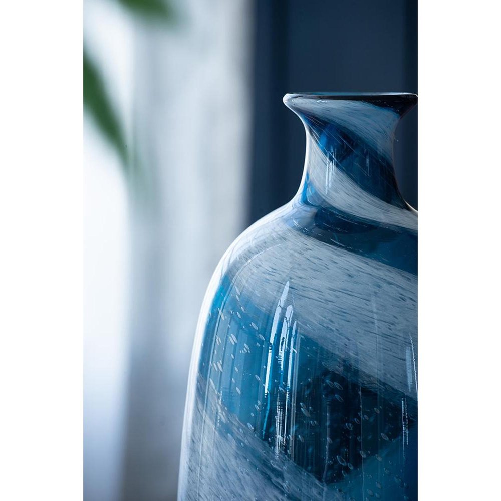 16" Blue And White Striped Swirl Art Glass Table Vase