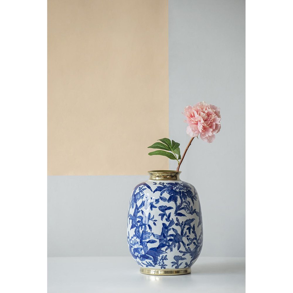 11" Blue White And Gold Chinoiserie Floral Porcelain Table Vase