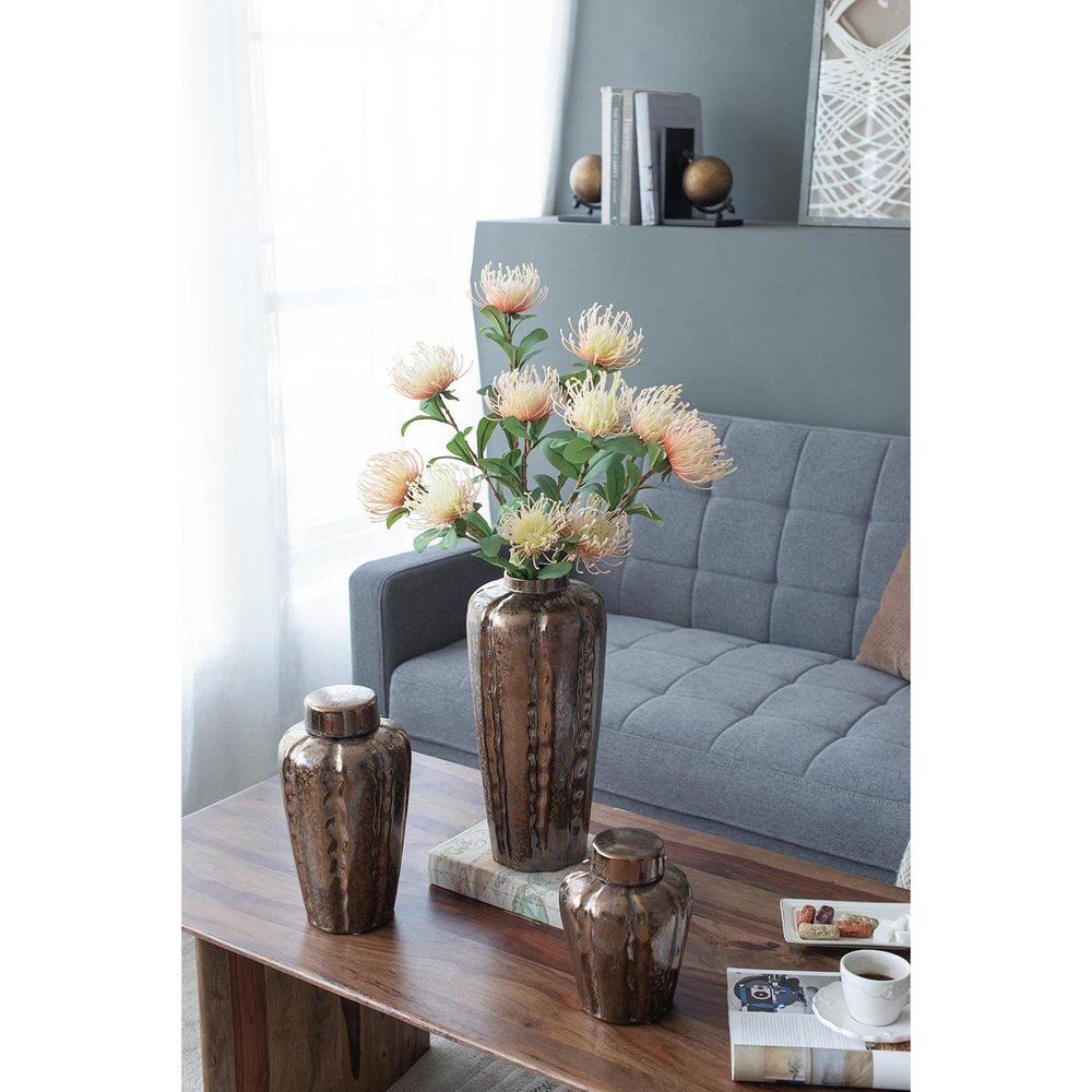 Set of Three Bronze And Silver Ceramic Round Table Vases