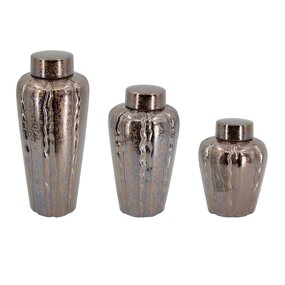 Set of Three Bronze And Silver Ceramic Round Table Vases