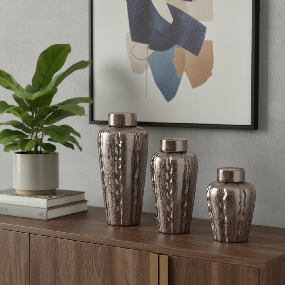 Set of Three Bronze And Silver Ceramic Round Table Vases