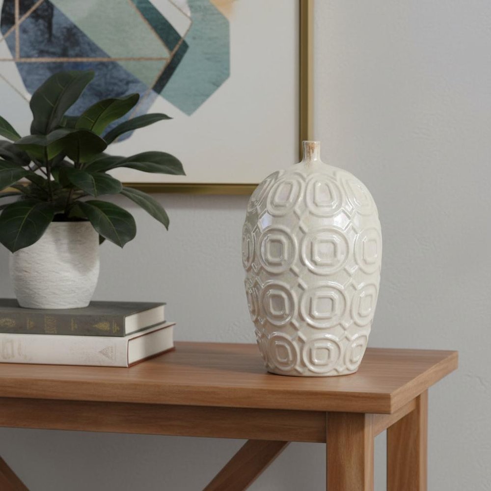 16" Ivory Geometric Ceramic Bud Table Vase