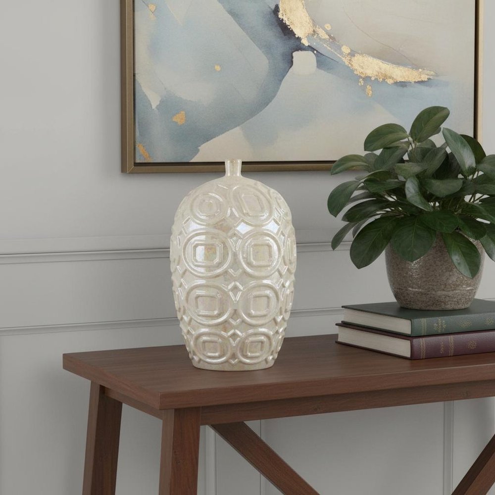 20" Ivory Geometric Ceramic Bud Table Vase