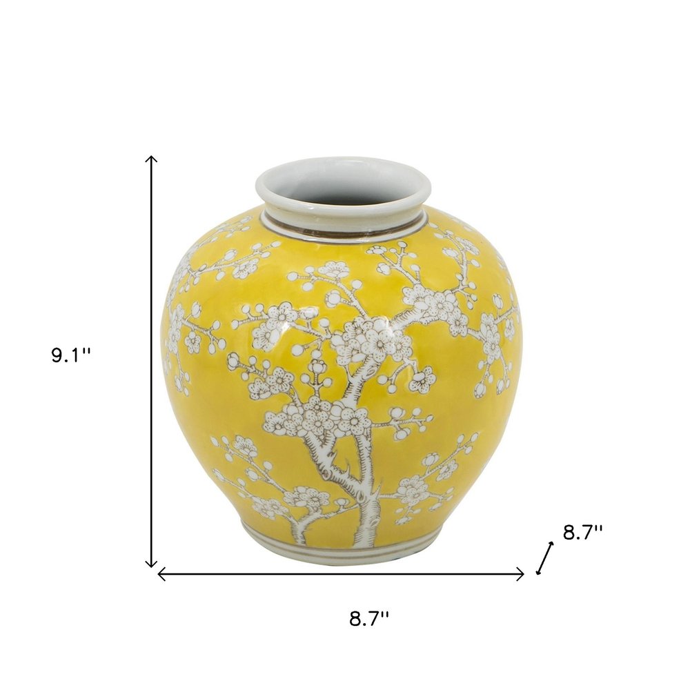 9" Yellow And White Floral Porcelain Round Table Vase