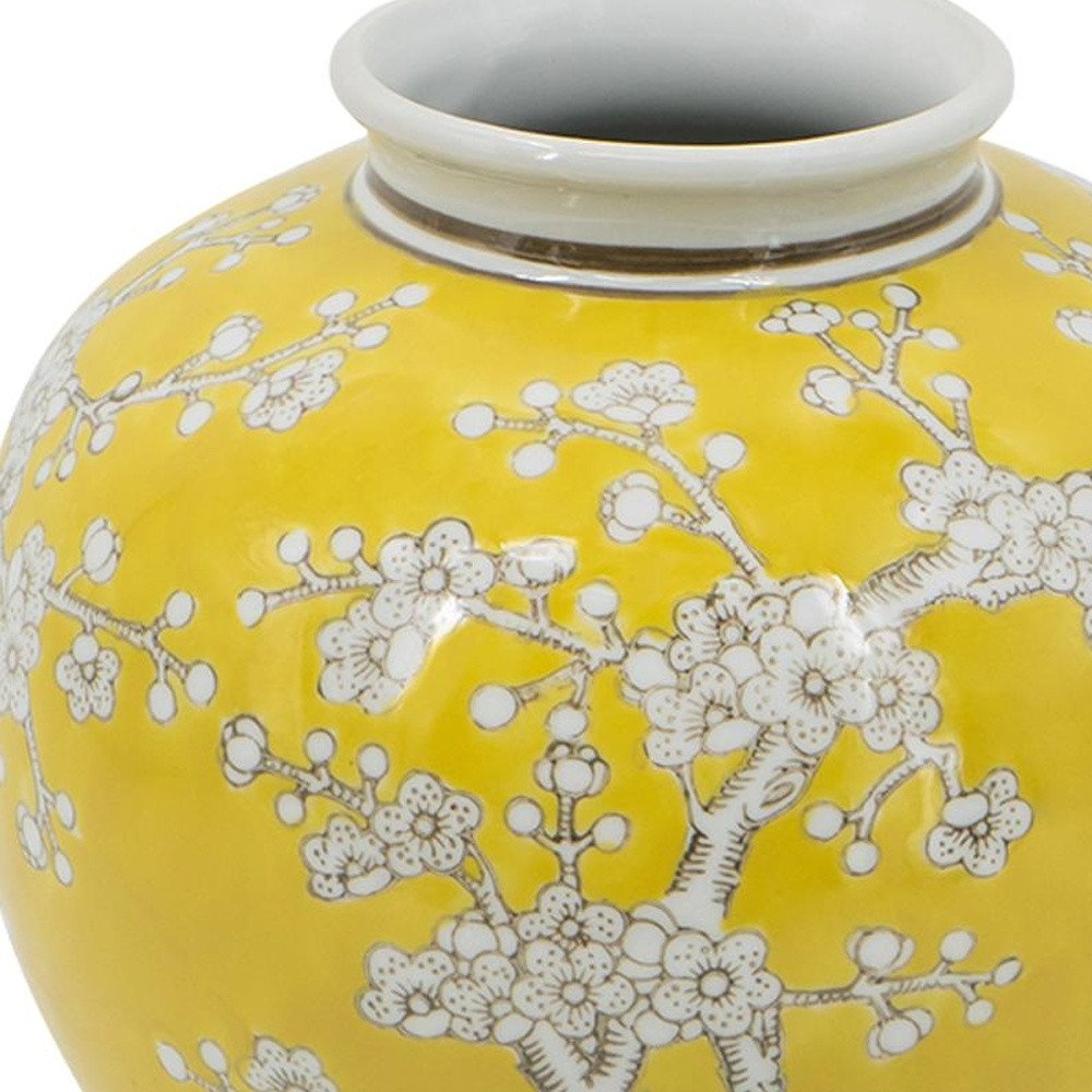 9" Yellow And White Floral Porcelain Round Table Vase