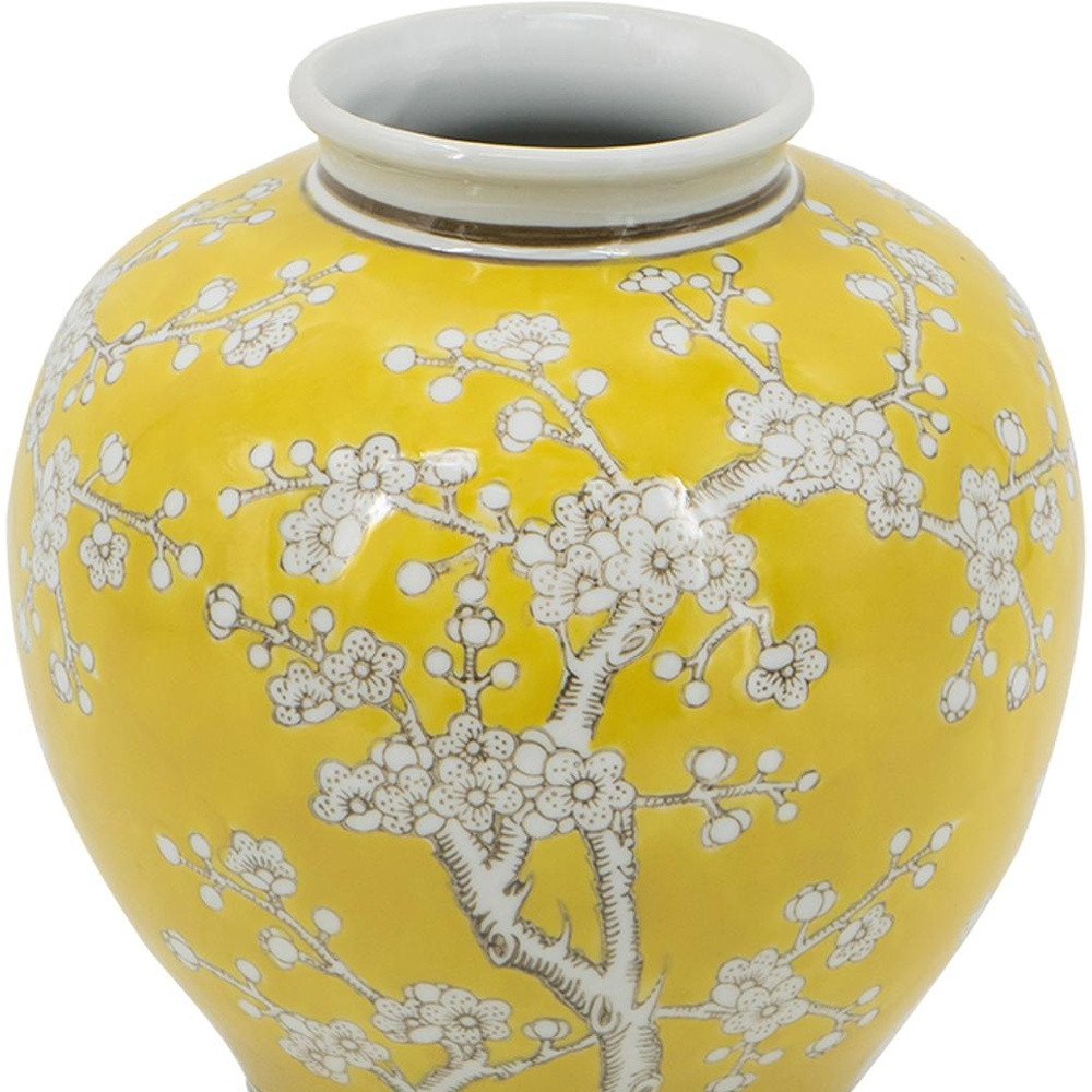 9" Yellow And White Floral Porcelain Round Table Vase
