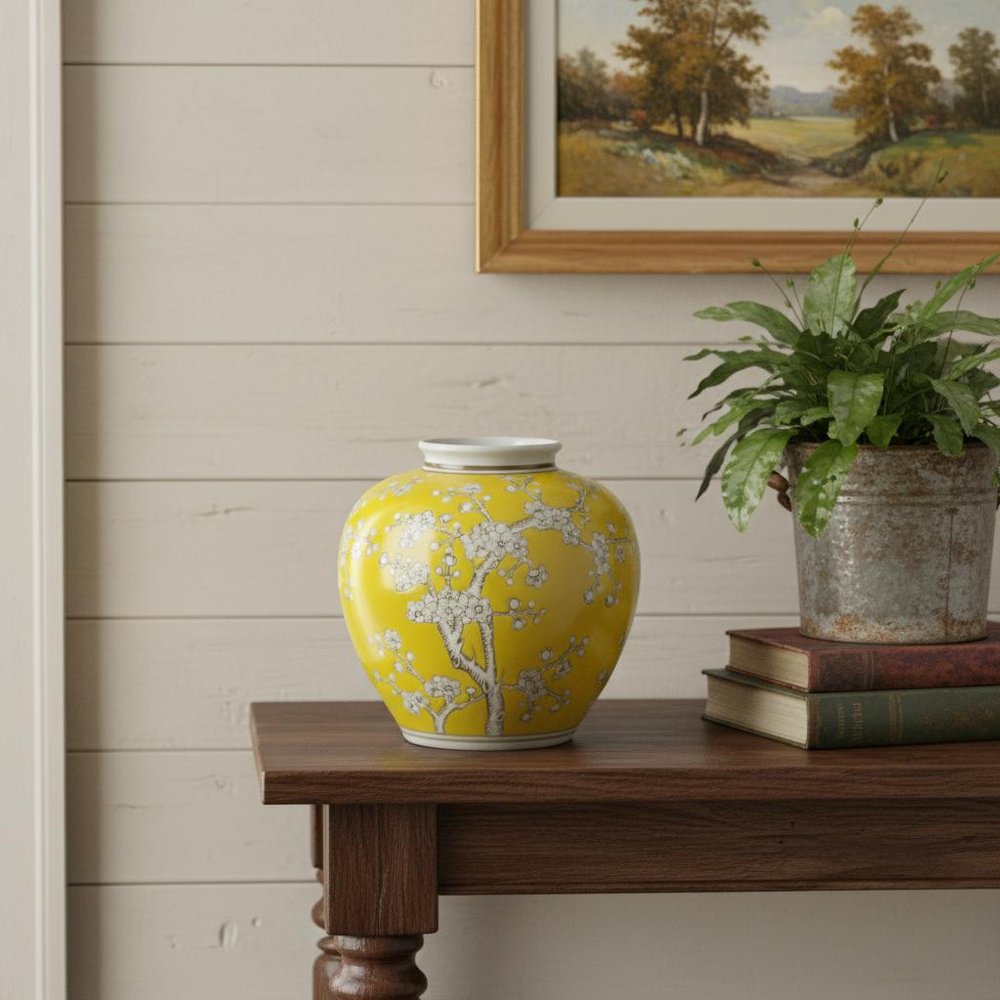 9" Yellow And White Floral Porcelain Round Table Vase