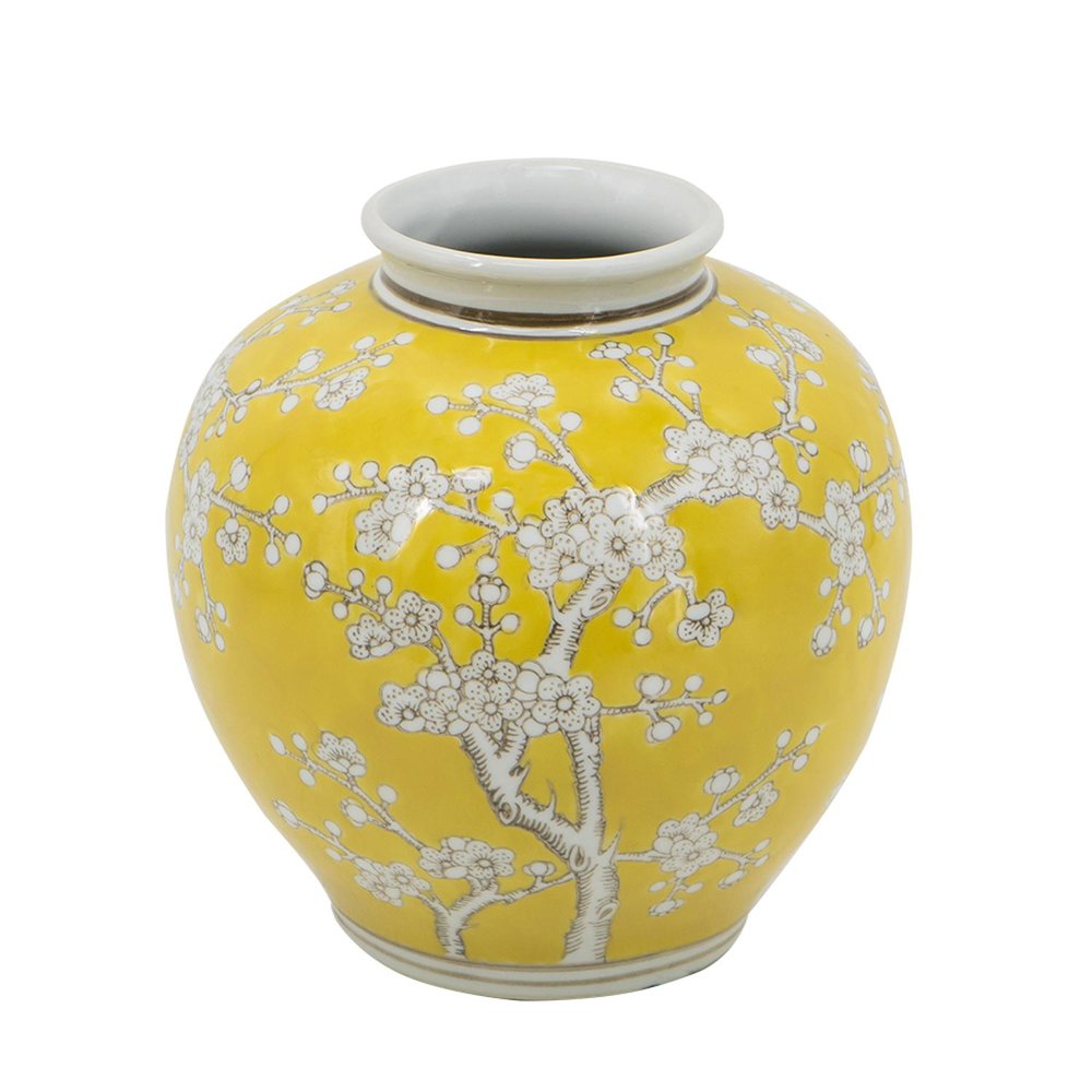 9" Yellow And White Floral Porcelain Round Table Vase
