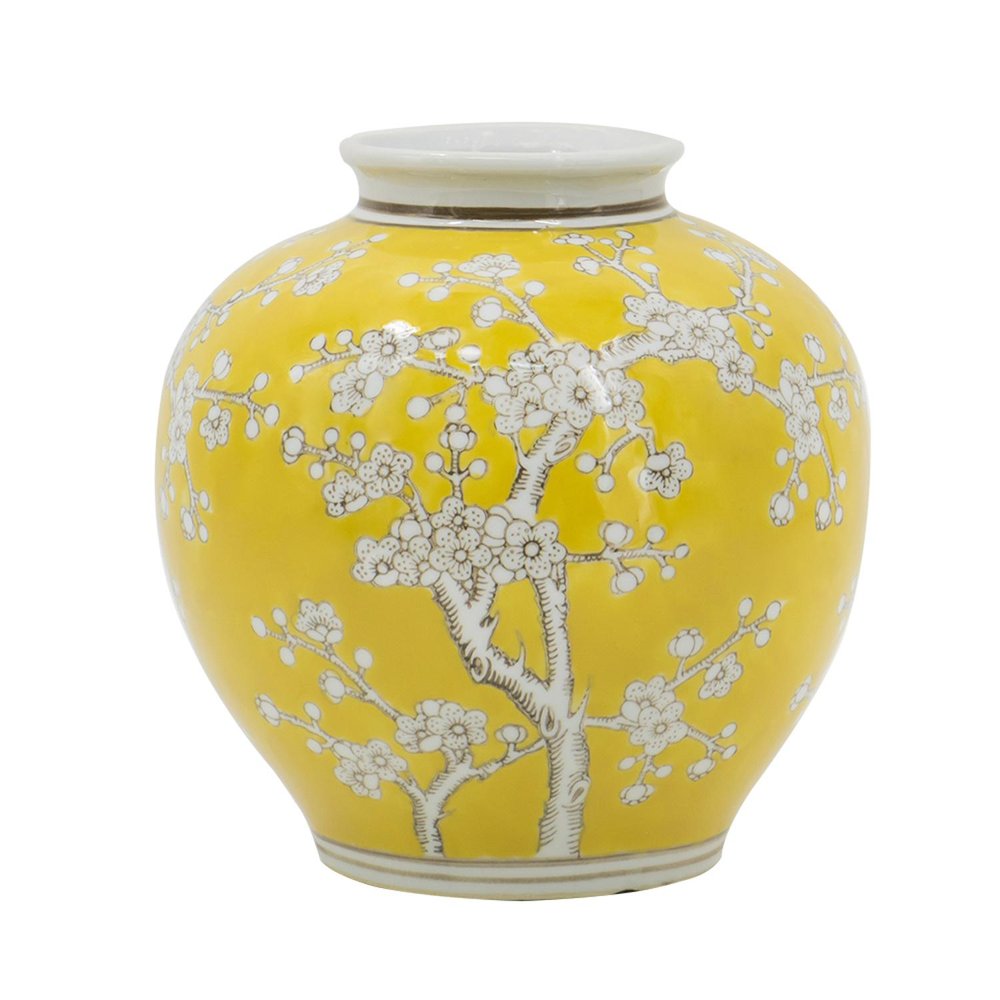 9" Yellow And White Floral Porcelain Round Table Vase