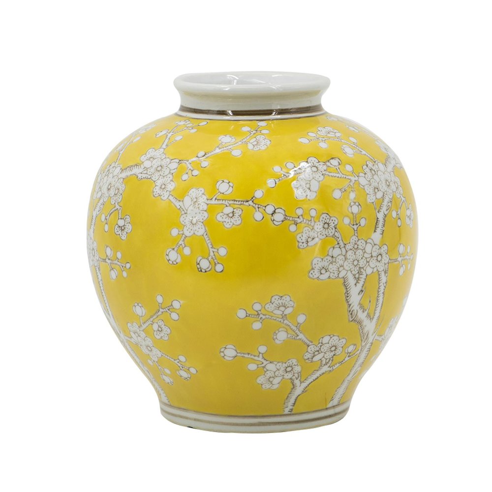 9" Yellow And White Floral Porcelain Round Table Vase