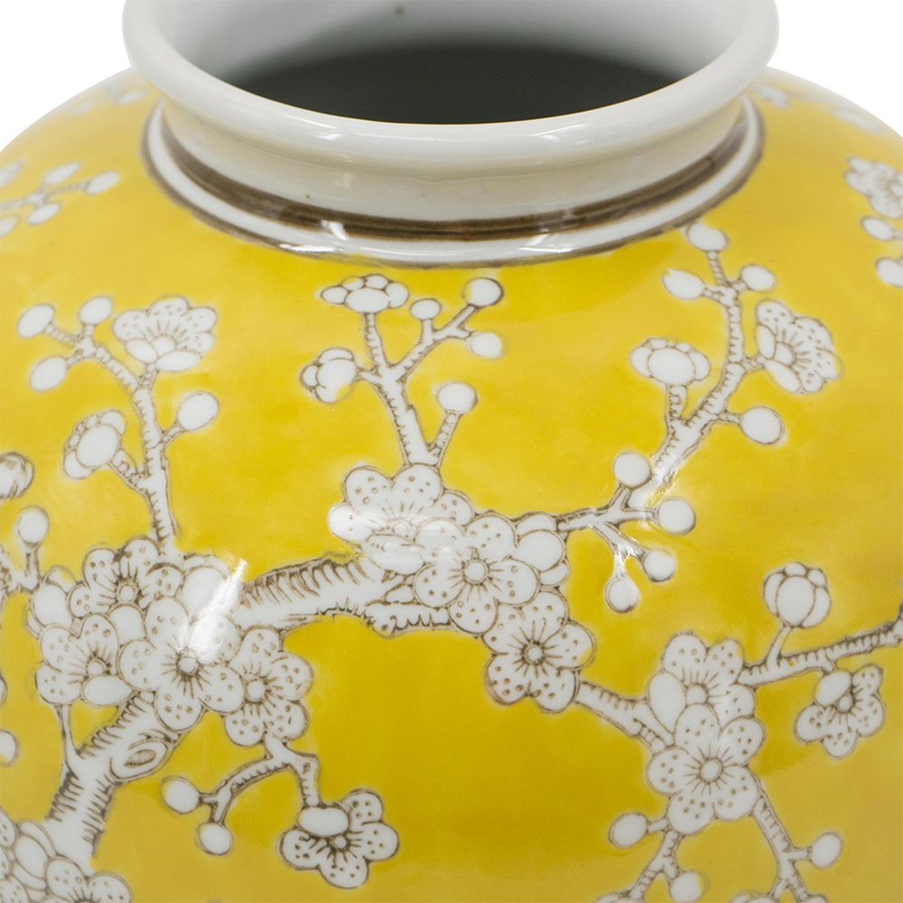 9" Yellow And White Floral Porcelain Round Table Vase