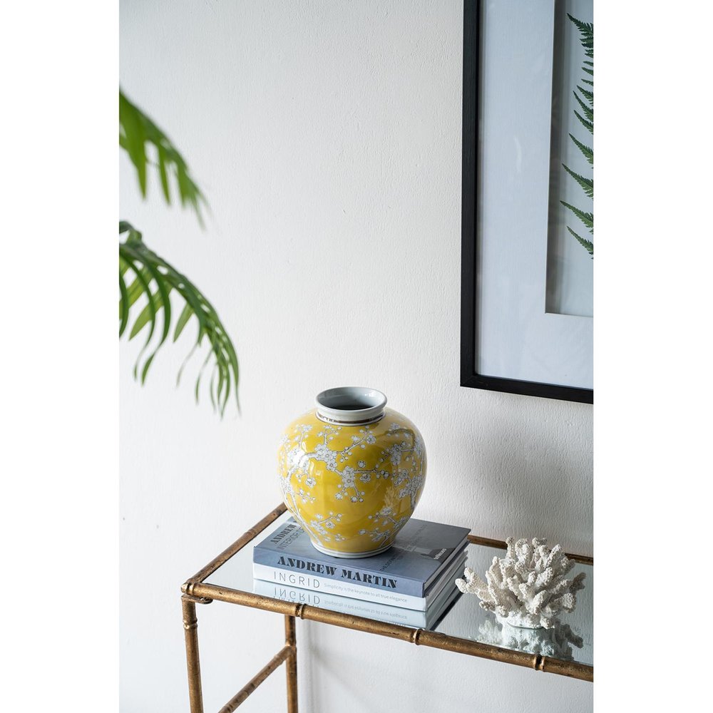 9" Yellow And White Floral Porcelain Round Table Vase