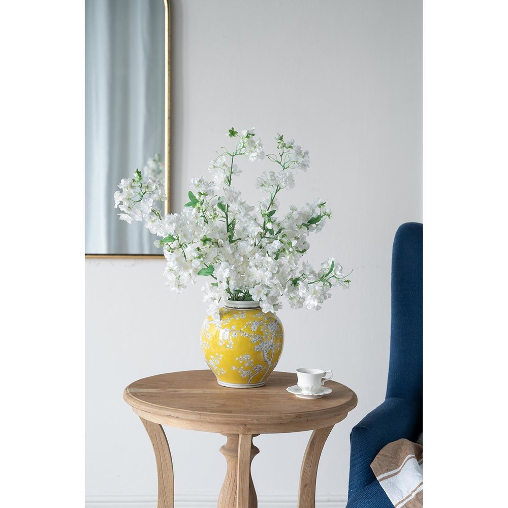 9" Yellow And White Floral Porcelain Round Table Vase
