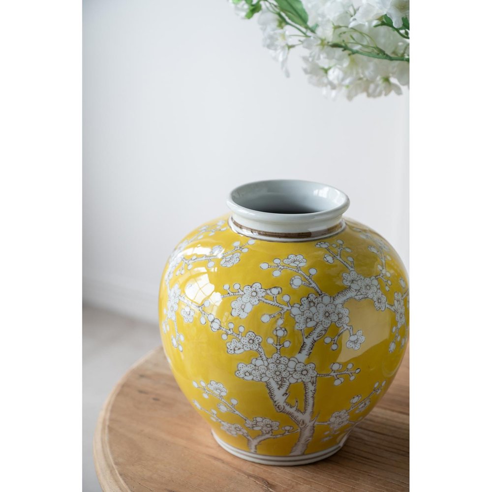 9" Yellow And White Floral Porcelain Round Table Vase