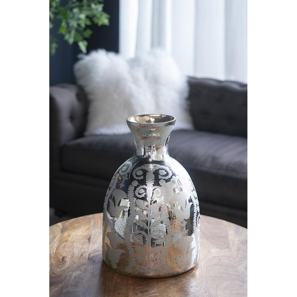 18" Silver Floral Glass Round Table Vase