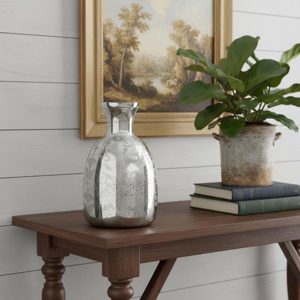 18" Silver Floral Glass Round Table Vase