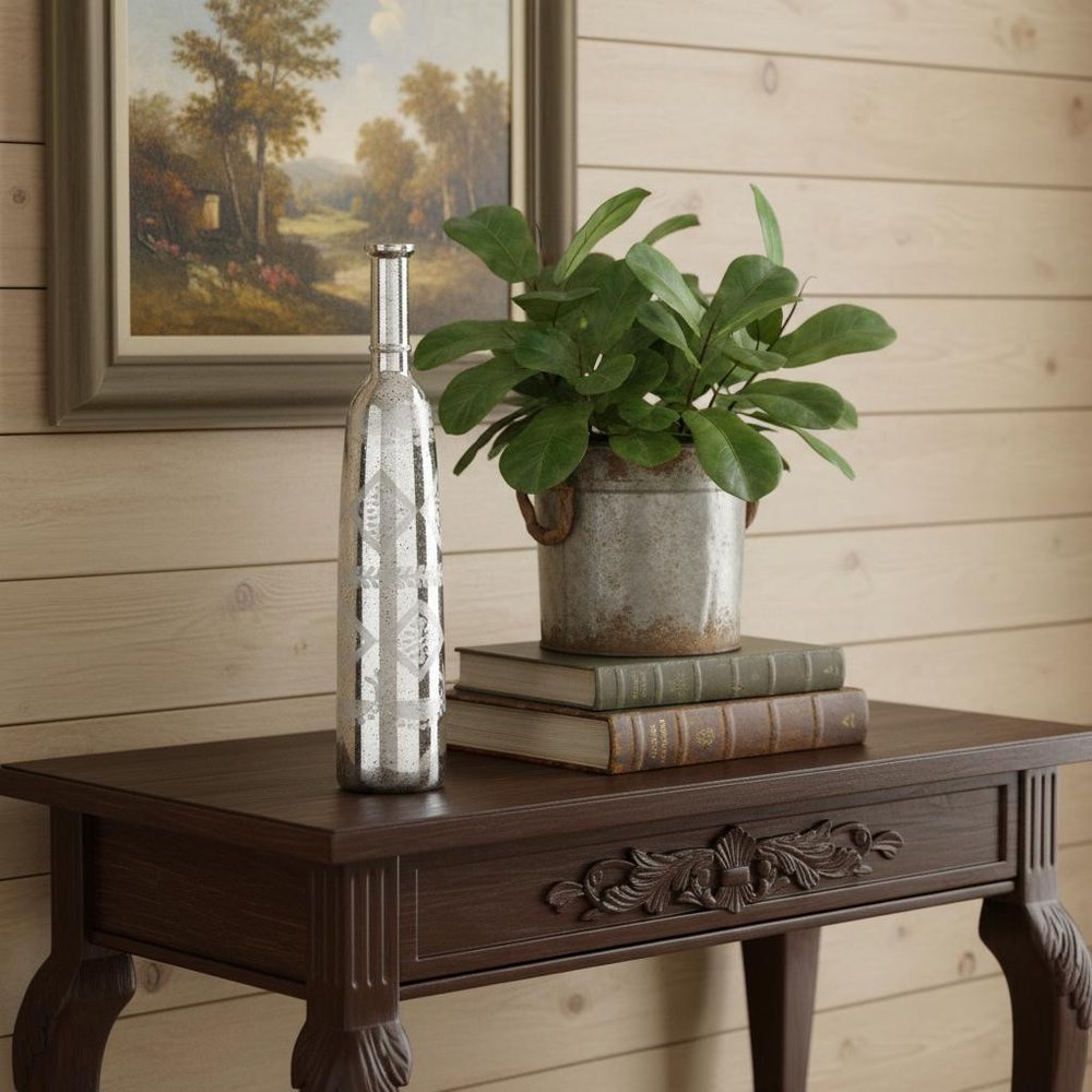 30" Silver Floral Glass Round Table Vase