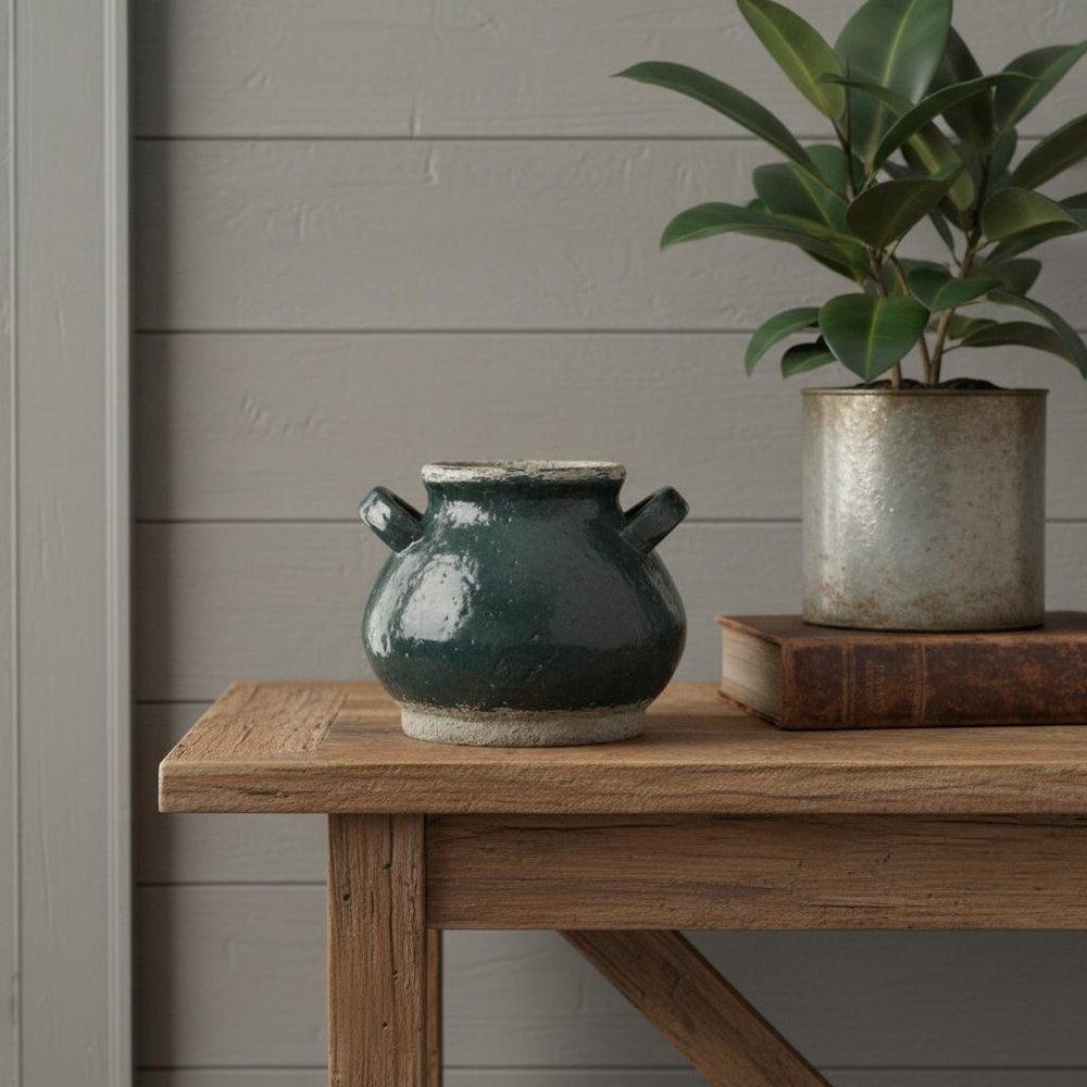 7" Beige And Black Terracotta Round Jug Vase