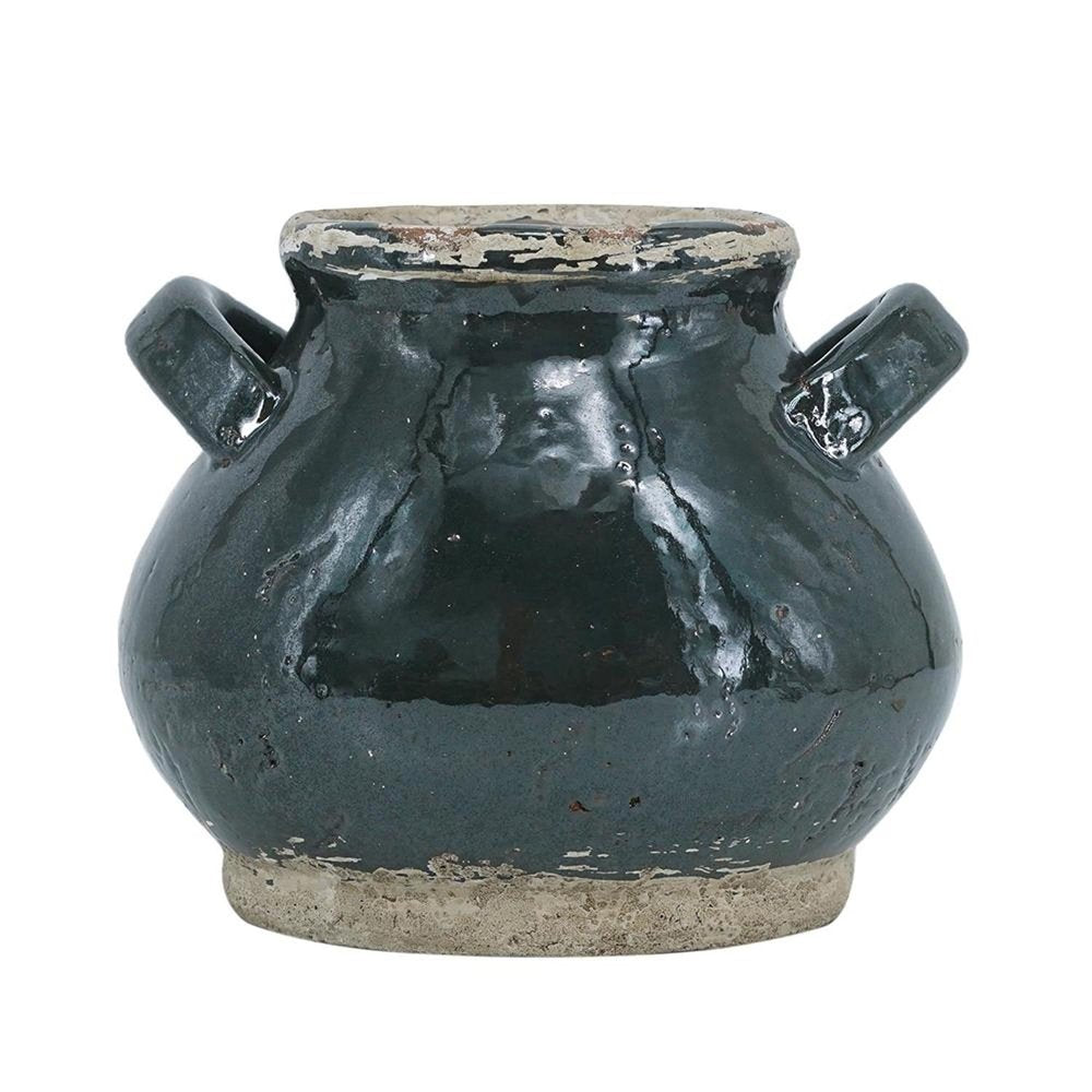 7" Beige And Black Terracotta Round Jug Vase