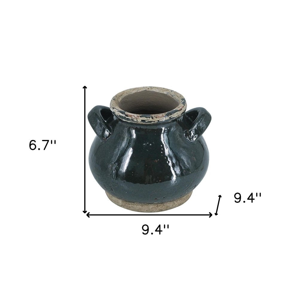 7" Beige And Black Terracotta Round Jug Vase
