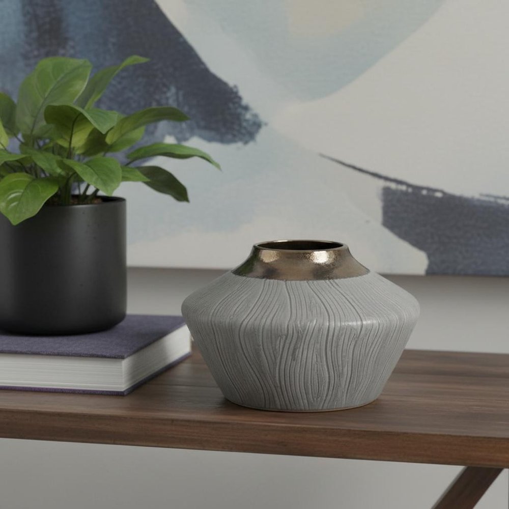 7" Brown Gold And Gray Ceramic Round Table Vase