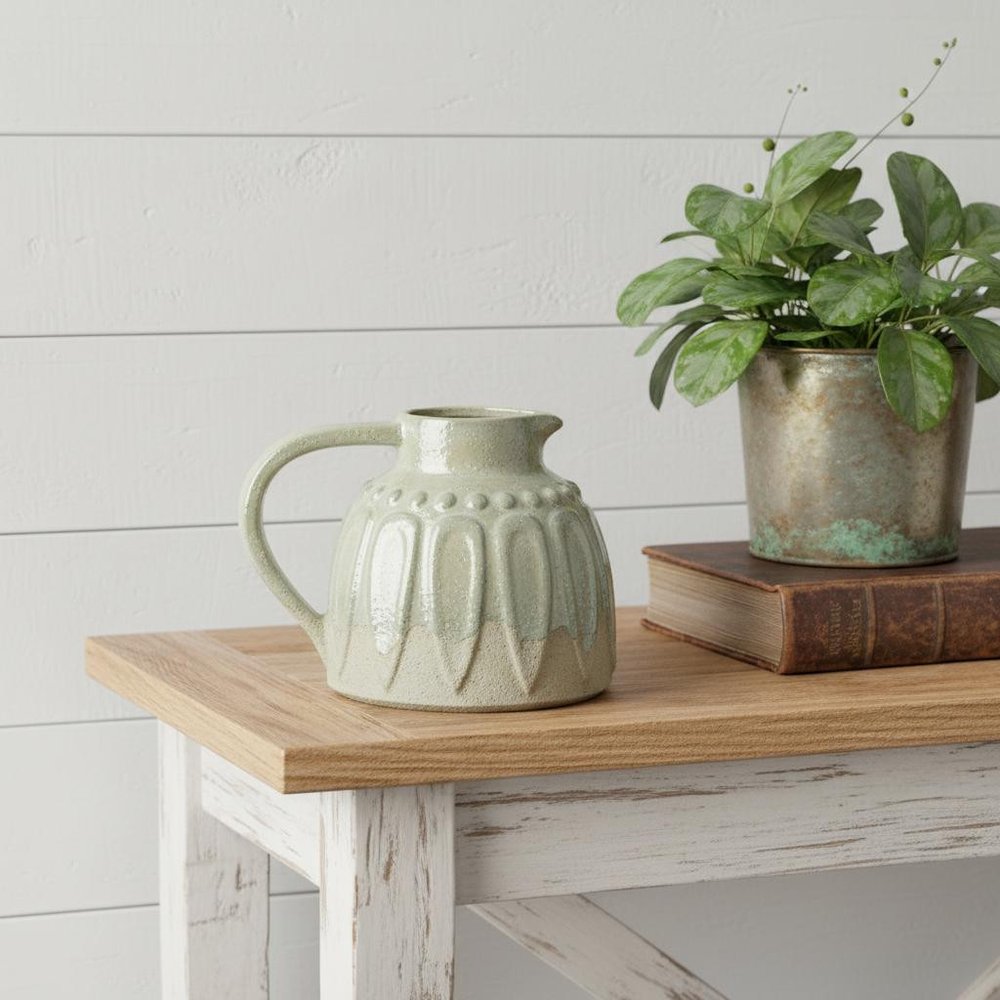 7" Sage And Ivory Ceramic Round Jug Vase
