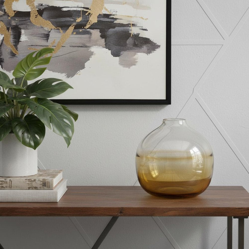 9" Clear And Brown Ombre Glass Round Table Vase