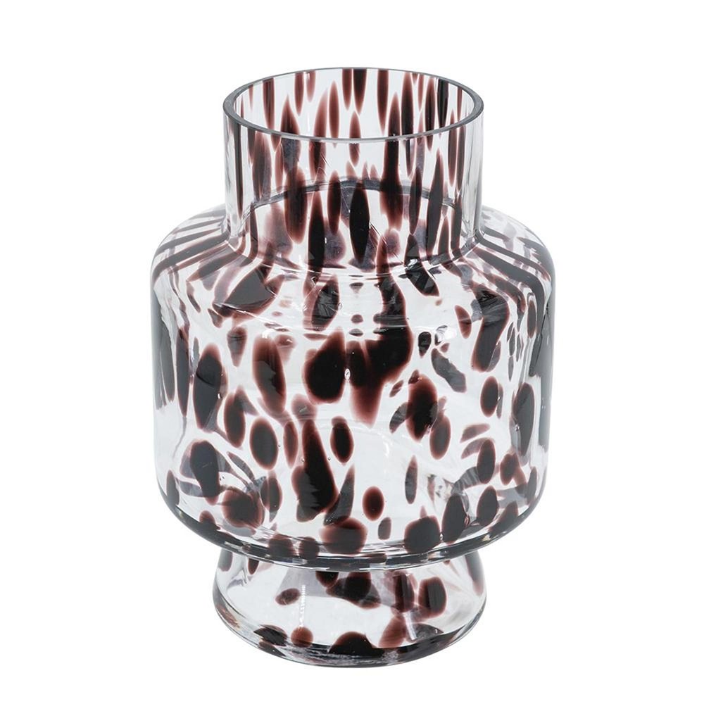 8" Clear Burgundy And Black Abstract Glass Cylinder Table Vase