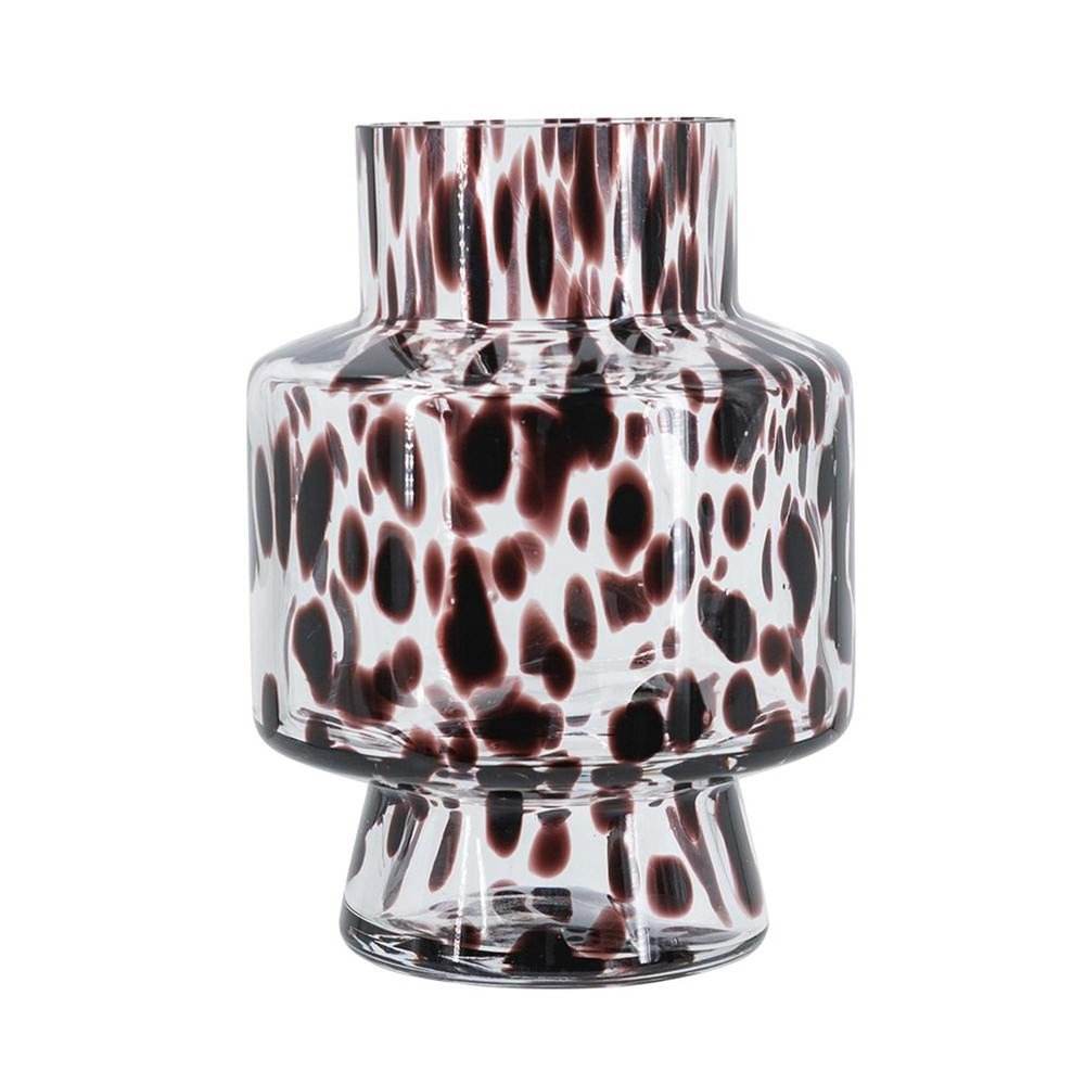 8" Clear Burgundy And Black Abstract Glass Cylinder Table Vase