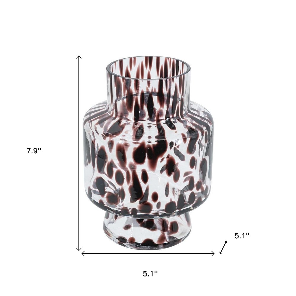 8" Clear Burgundy And Black Abstract Glass Cylinder Table Vase