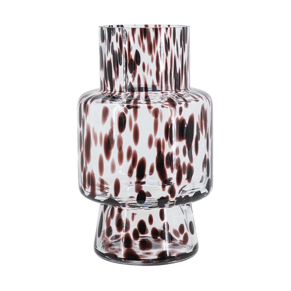 10" Clear Burgundy And Black Abstract Glass Cylinder Table Vase