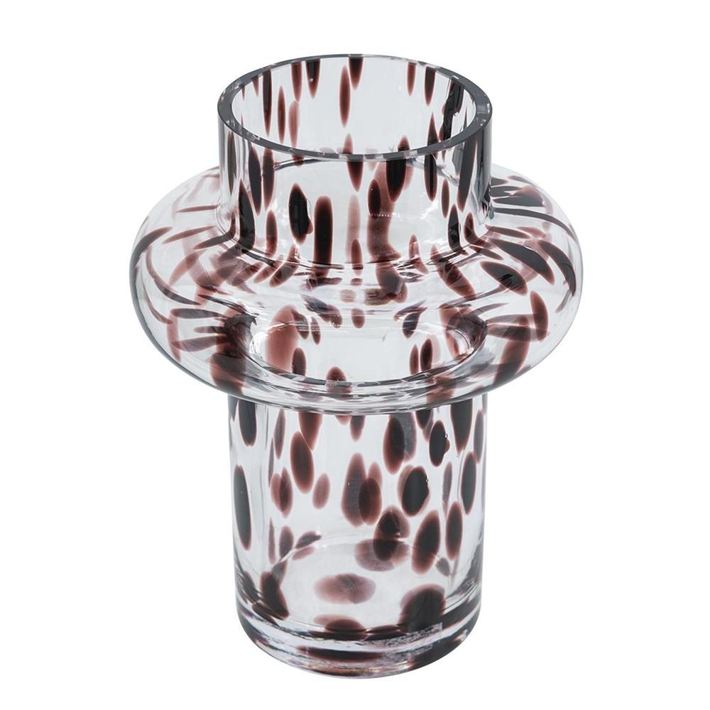 8" Clear Burgundy And Black Abstract Glass Cylinder Table Vase