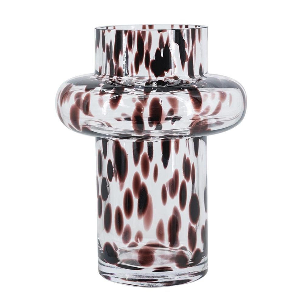 8" Clear Burgundy And Black Abstract Glass Cylinder Table Vase