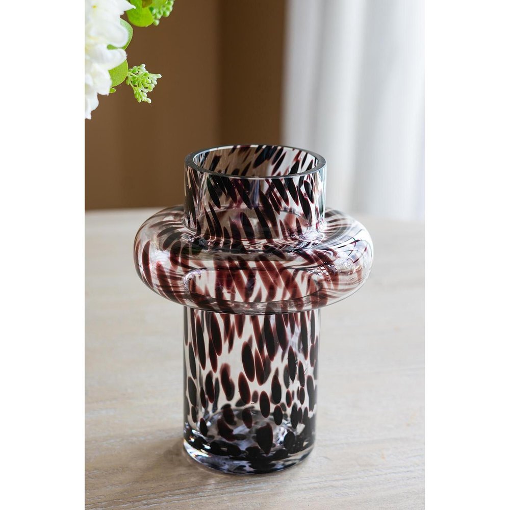8" Clear Burgundy And Black Abstract Glass Cylinder Table Vase