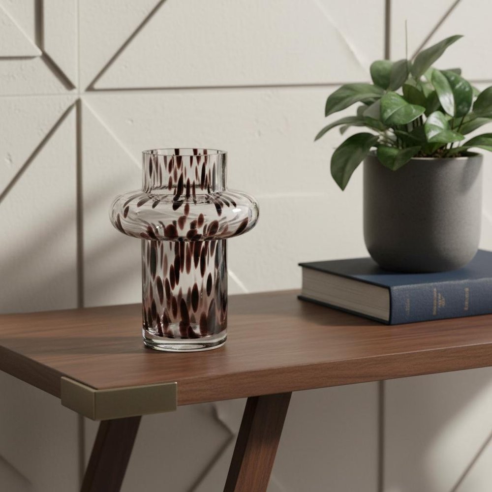 8" Clear Burgundy And Black Abstract Glass Cylinder Table Vase