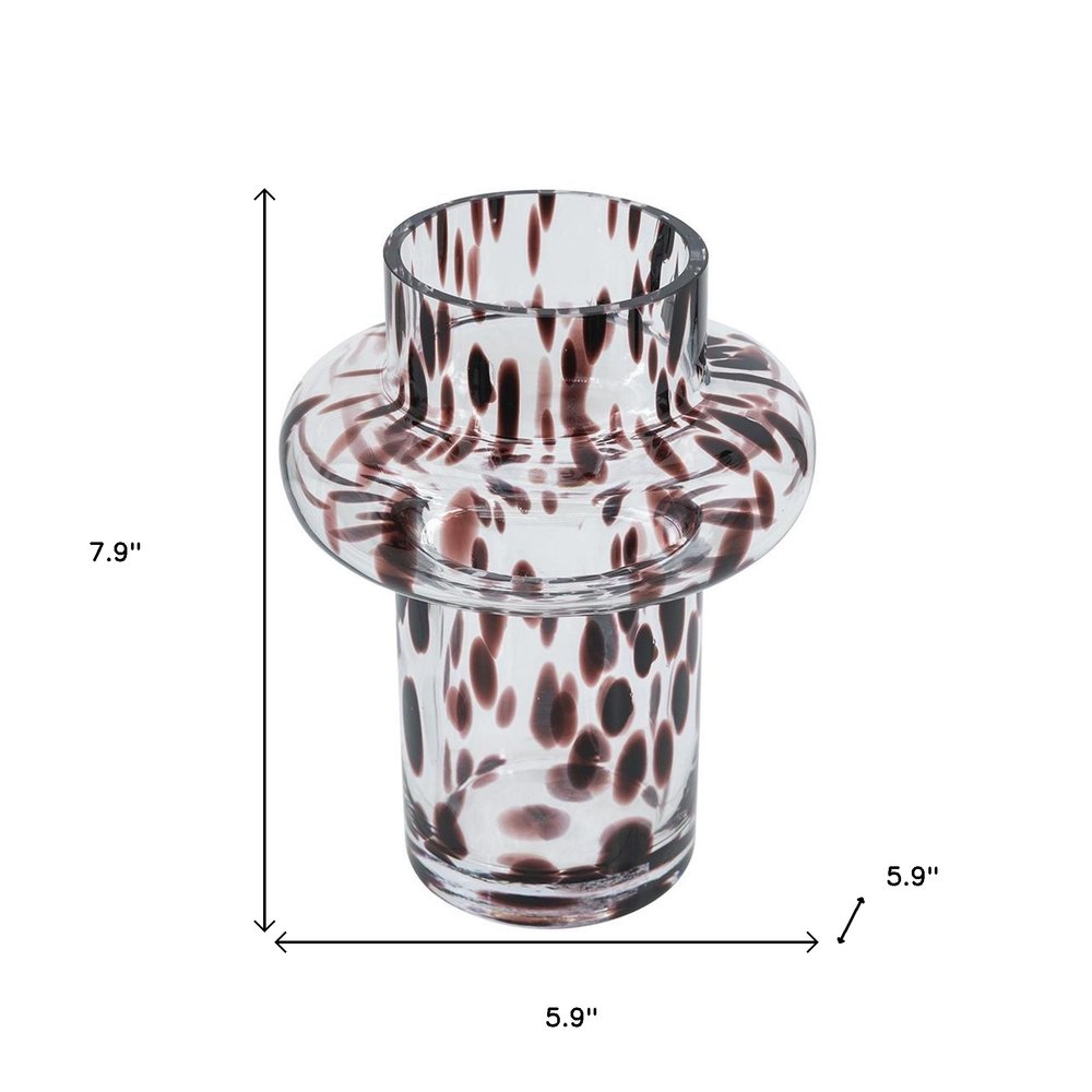 8" Clear Burgundy And Black Abstract Glass Cylinder Table Vase