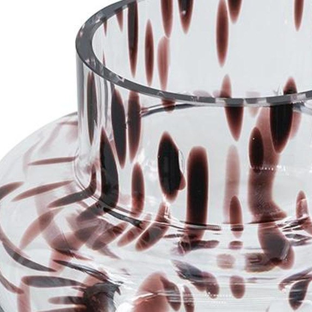 8" Clear Burgundy And Black Abstract Glass Cylinder Table Vase