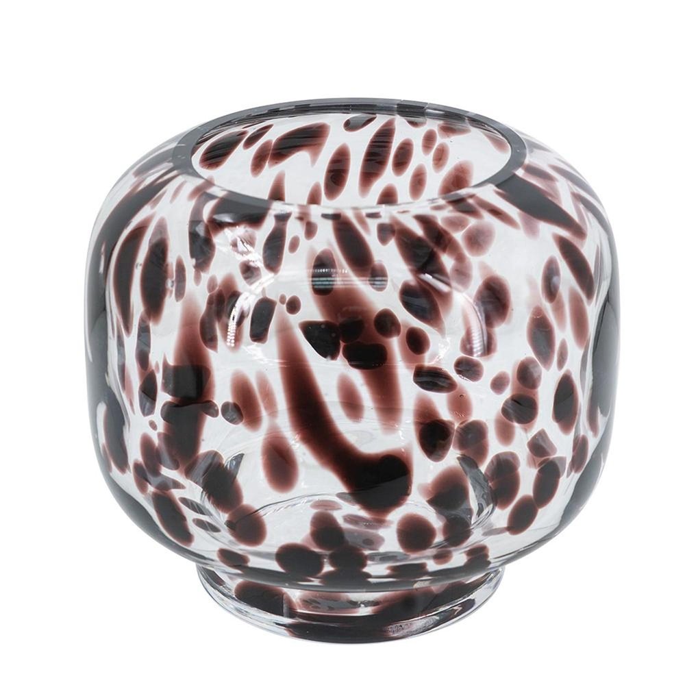 6" Clear Burgundy And Black Abstract Glass Round Table Vase