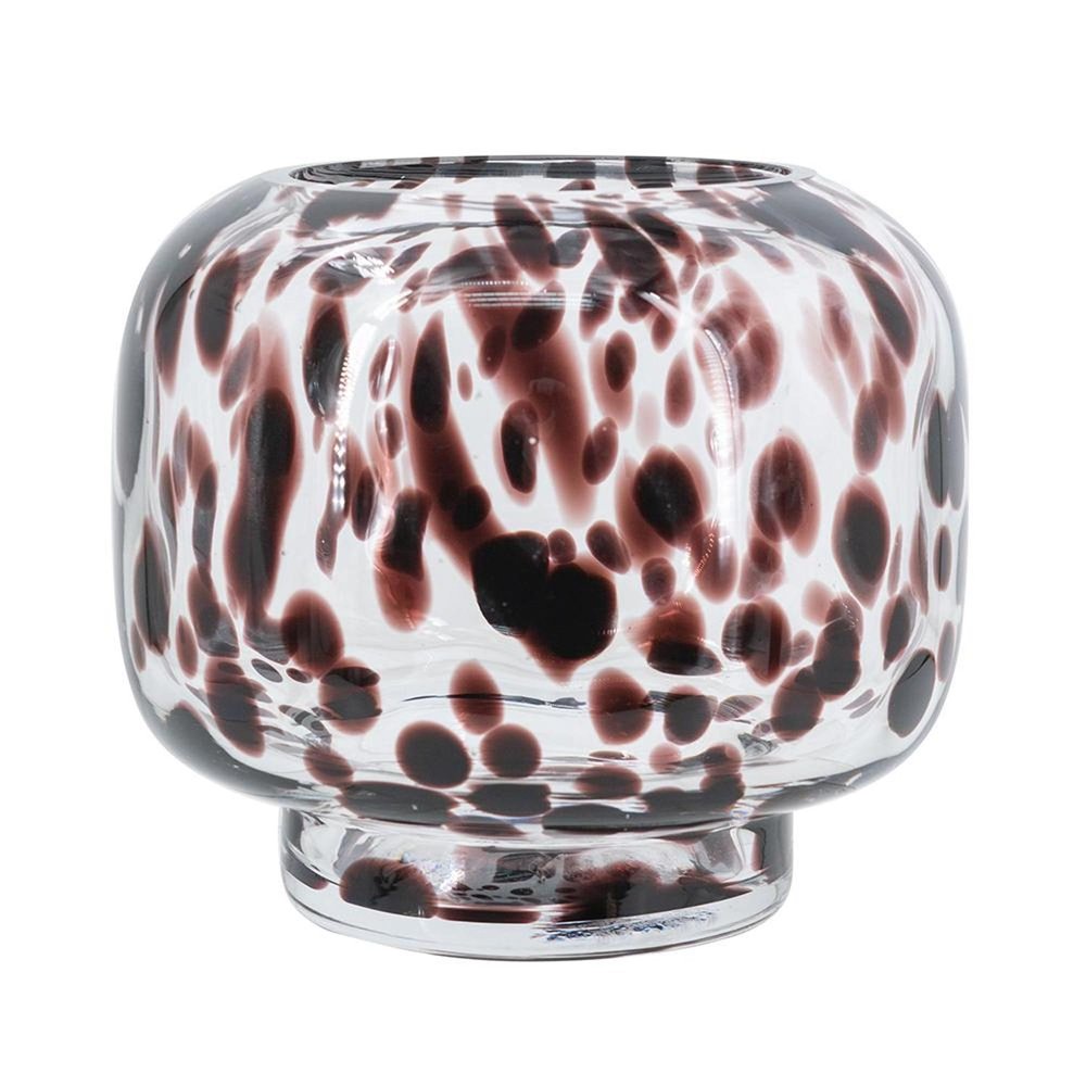 6" Clear Burgundy And Black Abstract Glass Round Table Vase