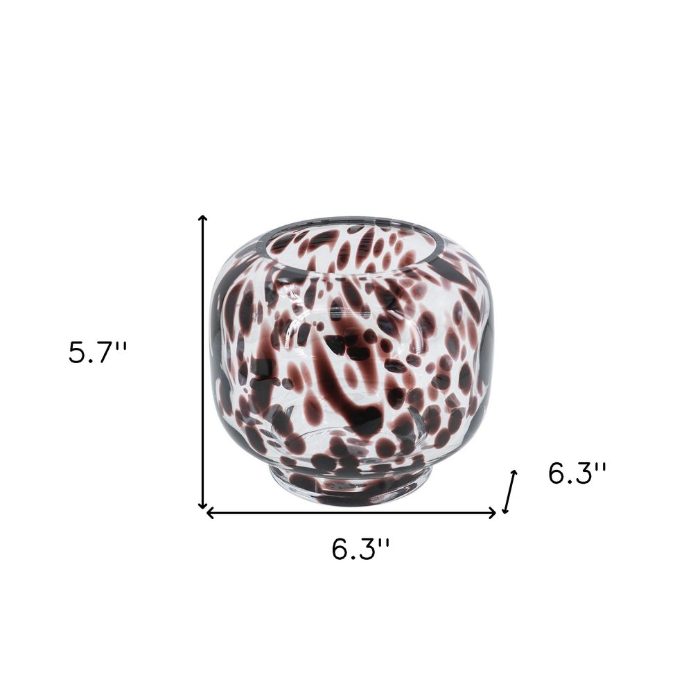 6" Clear Burgundy And Black Abstract Glass Round Table Vase